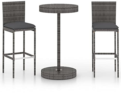 vidaXL Gartenbar Set 3-TLG. mit Kissen Theke Bar Tresen Gartentheke Bartisch Barhocker Stehtisch Barstuhl Gartenmöbel Gartenset Poly Rattan Grau