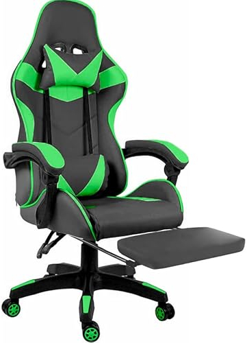 Sedia Gaming Con LED RGB e Telecomando Poltrona Ufficio Scrivania Casa PC Stile Racing Girevole Ergonomica In Ecopelle Cuscino Supporto Lombare Poggiapiedi Poggiatesta Braccioli (Nero e Verde)