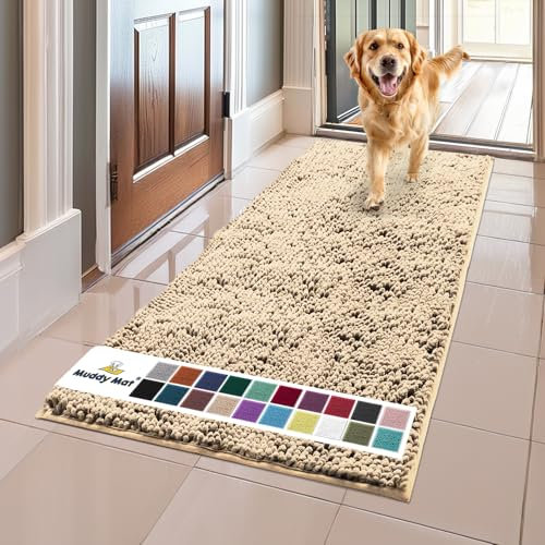 Muddy Mat® AS-SEEN-ON-TV Highly Absorbent Microfiber Door Mat and Pet Rug, Non Slip Thick Washable Area and Bath Mat Soft Chenille for Kitchen Bathroom Bedroom Indoor and Outdoor-Beige Runner 59X24