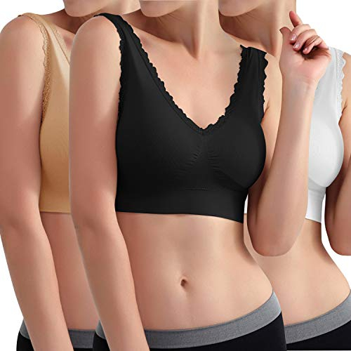 Libella 3er Pack Damen Sport BH Bügelloser Bustier Wohlfühl-BH Komfort-BH Schlaf-BH Freizeit-und Sport BH Seamless Sporttop Schwarz Haut Weiss 3747 L/XL