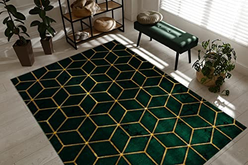 rugsx Exklusiv Emerald Teppich Glamour – Stilvoll, Geometrisches Würfel Design Flaschengrün/Gold 200x290 cm Modern Teppich für Wohnzimmer
