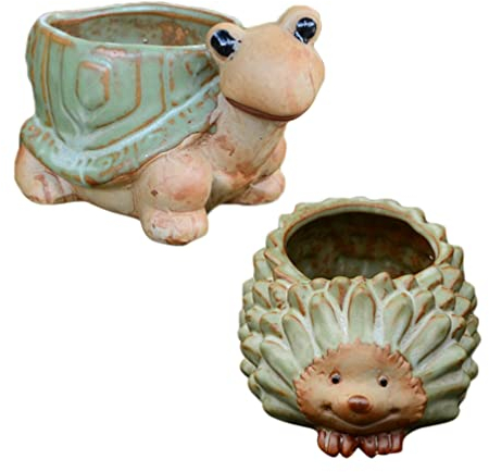 Tier Blumentopf Sukkulente Pflanzer: 2 Stücke Schildkröte Igelförmige Keramik Pflanzer Töpfe Dekorative Mini Blumentopf Tischplatte Anmien Ornamente für Home Büro Garten