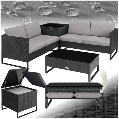 tectake® Ensemble Salon de Jardin Exterieur Modulable en Rotin, Canape Exterieur 4 personnes, Table basse avec Plateau en Verre, Coffre de rangement, Coussins Inclus, Salon de Jardin, Balcon, Terrasse