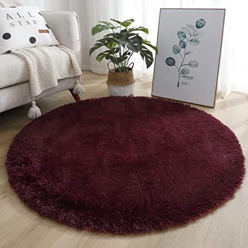 Lifup Teppich Shaggy Anti Rutsch Pflegeleicht, Rund Langflor Teppich für Wohnzimmer Schlafzimmer Kinderzimmer Weinrot 80 cm