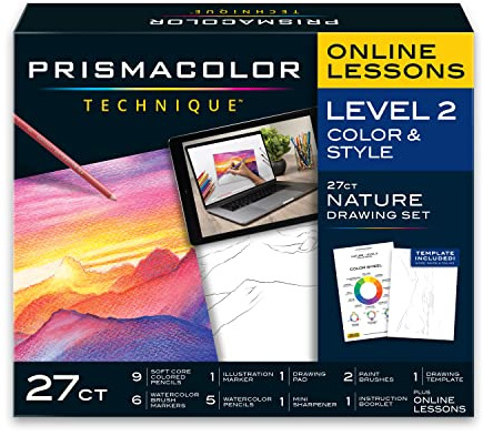 Prismacolor Technik, Kunstbedarf und digitaler Kunstunterricht, Natur-Zeichenset, Zeichnen lernen mit Buntstiften, Aquarellstiften, Pinselmarkern und mehr, Sonnenuntergang-Landschaftszeichnung, 27