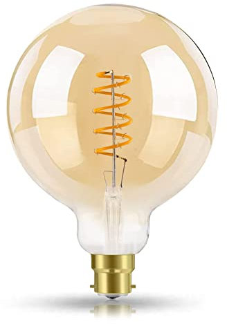 EXTRASTAR Vintage LED Light Bulb, B22 Bayonet Cap 6W(42W Equivalent) G125 Large Globe LED Spiral Filament Bulbs, 500LM, 2200K Warm White, Old Fashioned Bulbs, Amber Glass, Non-dimmable, 1 Count