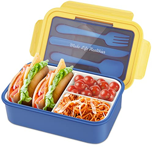 Bento Box,Fiambrera,Fiambrera Infantil y Adultos Caja de Lunch box con 3 Compartimentos y Cubiertos (Tenedor y Cuchara),Caja Bento a Prueba de Fugas para Adultos Adecuado Para Hornos de Microondas