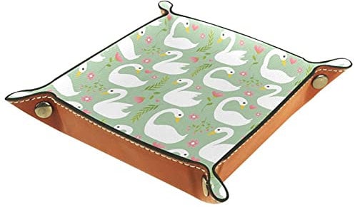 Plateau en cuir pour table de chevet, organiseur de bureau, plateau de rangement avec motif cygne blanc, fleurs roses, vert printemps