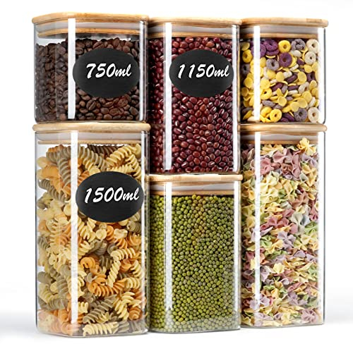 Do-Electr Lot de 6 Bocal en Verre avec Couvercle -750ml/1150ml/1500ml-Hermetique- Bocaux Verre Rangement Cuisine pour Céréales, Haricots, Épices, Thé, Biscuits, Pâtes, Café