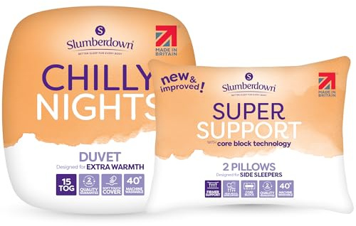 Slumberdown Chilly Nights 15 Tog Single Duvet & 2 Super Support Pillows - Extra Warm & Cosy Winter Quilt for Cold Nights | UK-Made, Soft Touch Cover, Non-Allergenic & Machine Washable (135 x 200cm)