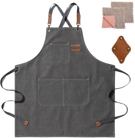 crazy bean Grillschürze für Männer Damen Verstellbare Arbeitsschürze mit 3 Taschen Kreuz Zurück Kochschürze für Küche Restaurant Café Grau Grün