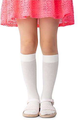 NOQ Calzini da Bambina a Righe Calzini Calzini Flessibili Caldi Morbidi 100 DEN per Bambini Casual Uniforme Scolastica Carina Vestito Sopra il Polpaccio Un Paio Molly, Bianco 18/22 cm