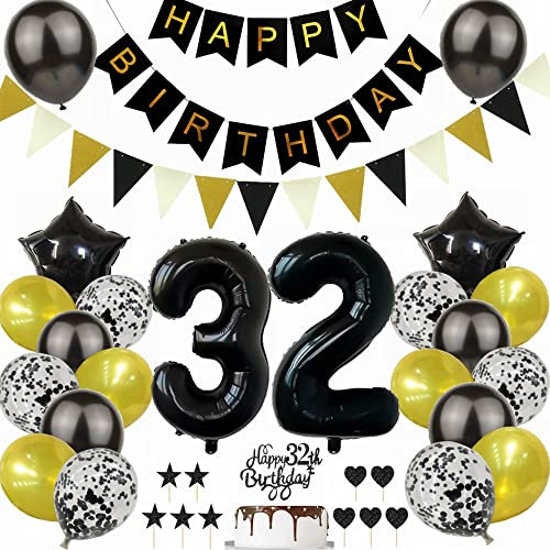 Yunchu Online Schwarz Gold 32. Geburtstag Dekoration Mann Frau 32. Geburtstag Schwarz Gold Party Deko Schwarz Tortendeko Geburtstag 32 Geburtstag Deko Geschenk 32 Geburtstag Deko Ballon