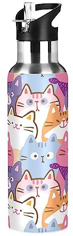 Botella de agua con diseño de gato de dibujos animados para niños y niñas, termo aislado de acero inoxidable, botella de bebida al vacío, con pajilla, deportiva, 600 ml