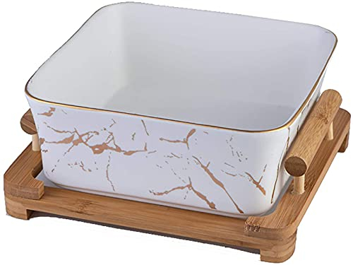 Bols à Fruits en Porcelaine avec Support en Bois, saladier décoratif, Centre de Table empilable (Blanc 23,5x23,5x8cm(9x9x3inch))