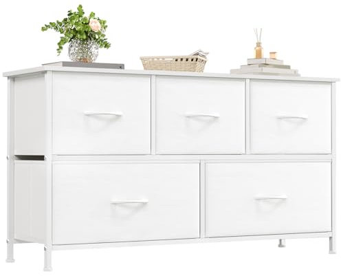 Somdot Chest of Drawers with 5 Drawers, Wide Storage Organiser Fabric Dresser for Living Room TV Stand Bedroom Closet Nursery Bedside Entryway Hallway, White Leather