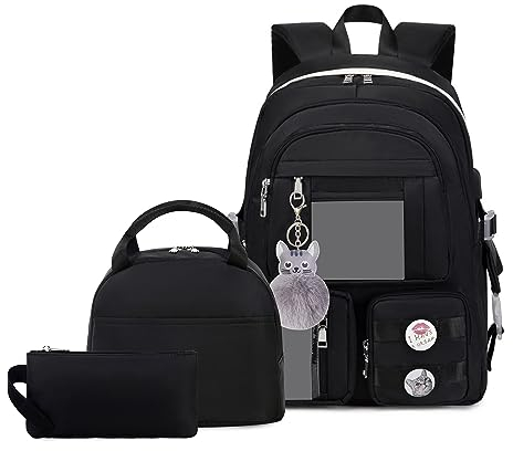 Ternbay Niedliches Rucksack-Set für die Schule Stilvoller Buchrucksack für Mädchen Geräumige Schultasche Schwarz