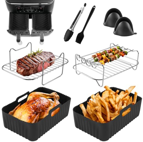 Air Fryer Accessories for Ninja Dual AF300UK AF400UK Tower T17088, 8PCS Ninja Dual Air Fryer Accessories Including Silicone Air Fryer Liners, Metal Racks, Food Clip Brush Gloves, Black