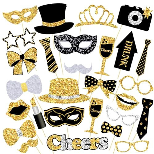 30 Foto Requisiten,Fotobox Accessoires,Party Foto Booth Requisiten Dekoration für Hochzeit,Weihnachten,Tischdeko Geburtstag Disco,Karneval, Silvester Deko,Party Dekoration Zubehör,Party Gadgets