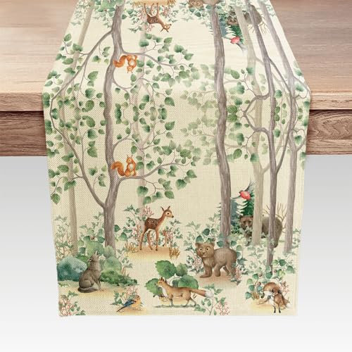 VEIVIAN Rustikaler Wald-Tischläufer für Kinder, Baby-Dekoration, niedliche Waldtiere, Landhaushütte, Wildtiere, Bär, Hirsch, Fuchs, Wolf, Set, Jagd-Tischläufer, 33 x 183 cm, Leinen, Tier, Grün