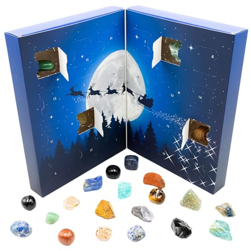 Hallingers Mondschein - Edelsteine Adventskalender, je 12 geschliffen und 12 naturrau (Box) - Geschenk im Sommer & als perfektes Grillgeschenk | Glückwunsch Chanukka Freundschaft Genesung