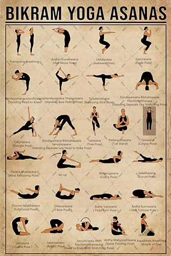 EMOHAT Yoga-Schild Bikram Yoga Asanas Metall-Blechschilder Yoga Wissen Lernen Poster Retro Wanddekoration Gemälde Geschenke für Klassenzimmer Tanzschule Schlafzimmer Wohnzimmer 20,3 x 30,5 cm