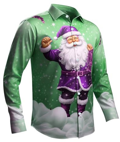 PAIDAXING Men's Christmas Shirts Funny Santa Clus Digital 3D Printed Tops Casual Button Down Lapel Long Sleeve Polo Shirts Graphic Xmas Tshirts Blouse Christmas Outfits for Men UK Mint Green