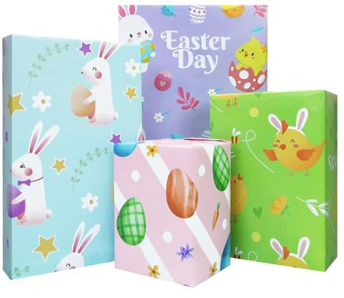 Oster-Geschenkpapier, Osterei, Hase, Küken, Geschenkpapier, Happy Easter Day Geschenkpapier für Kinder, Mädchen, Jungen, Familie, Freunde zum Essertag oder Geburtstagsparty (8 Blatt in 4 Designs)