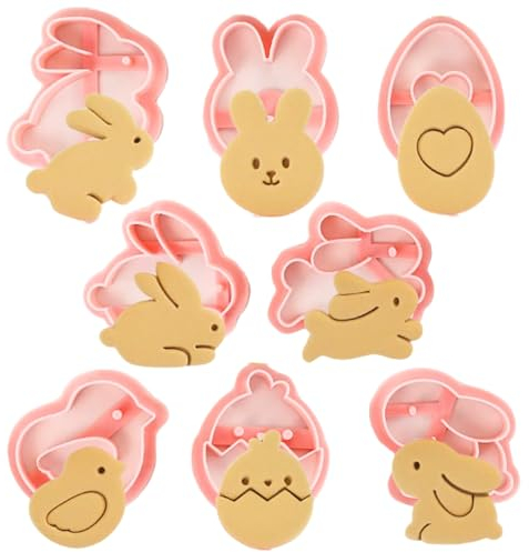 Mini Easter Cookie Cutters, 8 Piece 3D Cookie Stamps - Rabbit Head, Standing Rabbit, Egg, Squatting Rabbit, Running Rabbit, Chick, Chick Breaking Out of Shell, Rabbit Looking Up