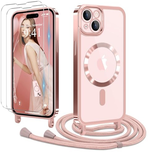 Ethanger Coque pour iPhone 15 Plus avec Cordon + 2×Verre Trempé, Rose | Coque Transparente TPU Bumper Silicone Etui Housse avec Cordon de Collier Réglable, Cover Magnétique