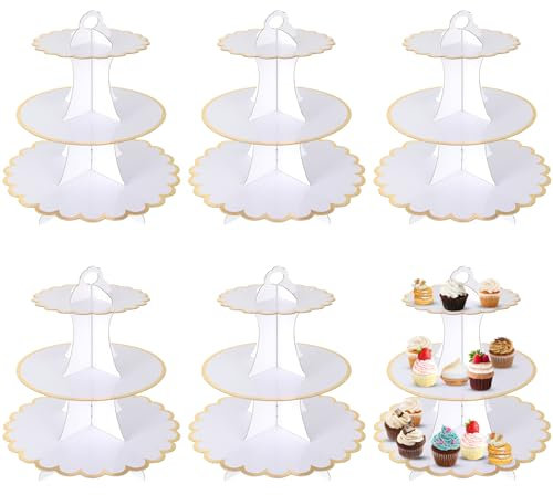 VIDETOL 6 Pièces Présentoir Gâteau en Carton, 3-Tier Support à Cupcakes, Blanc Présentoir à Cupcakes, Dessert Tour D'affichage Plateau pour Fête, Mariage, Anniversaire