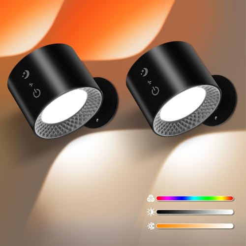 LED Wandleuchte Innen, 2 Stück Akku Wandlampe -Kabellose Wandleuchten / RGB Doppelseitig leuchtende Wandbeleuchtung, Ohne Stromanschluss mit 12 Farbmodi, Wandlampen für Schlafzimmer Wohnzimmer Treppe