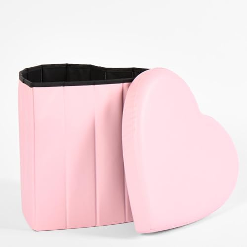OHS Hearts Ottoman Storage Box Faux Leather, Foldable Round Storage Ottoman with Lid Space Saving Organising Blanket Box Storage for Bedroom Living Room Bathroom, Pink