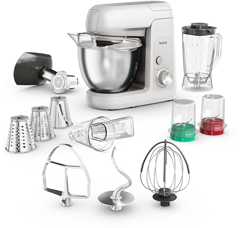 Tefal Bake Partner Küchenmaschine, 1100 W, inkl. Standmixeraufsatz + Back-Kit, Abschaltautomatik bei Anheben des Armes, planetarisches Rührsystem, 4,6-l-Schüssel, Silber, QB525B38