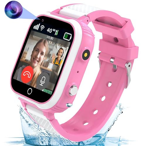 Montre Connectée 4G Enfant avec GPS Chat Vidéo Vocal, Appel SMS, SOS, Réveil, Caméra, Jeux, Class Mode, pour Enfants de 4-12 Ans Cadeau Garçons et Filles.(Rose)