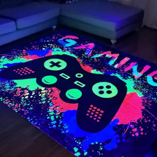 HOLAVIDA Neon Gaming Area Rug, 3D Blacklight UV Reactive Game Controller Carpet, Non-Slip Fluorescent Luminous Floor Mat, Glow in The Dark Play Mat for Game Room Playroom Decor, 180x120cm