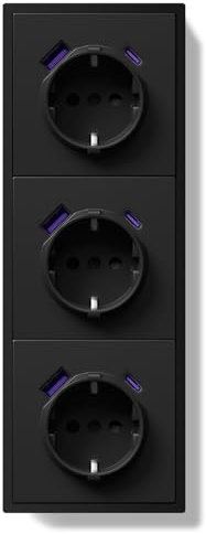 BSEED Schuko Multiprise encastrée avec USB C 20 W, prise murale 16 A avec cadre PC, triple prise avec griffes, 3 prises, noire