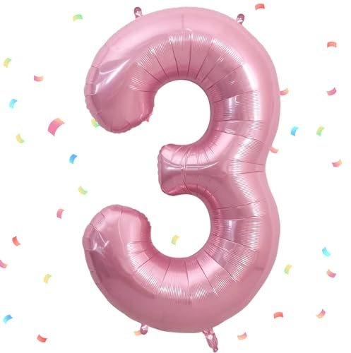 UDRKFOPK Zahlen Luftballon Rosa, 40 Zoll Folienballon 3, 101cm Zahlenballon Helium Ballon für 3 Jahre Geburtstagsdeko Kinder Mädchen Junge