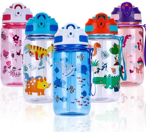 SUPPRUI Kids Water Bottles with Straw & Handle,600ml Toddler Drinks Bottle for School,Leakproof Children's Bottle BPA free Sport Bottles for Girls Boys(Blue - Sea World)