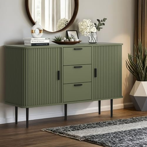 Galano Stanney Sideboard – 2 Sliding Doors with 3 Drawers – Modern Storage Cabinet with Adjustable Shelves – Space-Saving Organizer for Living Room or Hallway – Kale Green