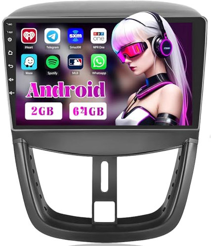 2+64GB Android Radio Coche para Peugeot 207 2006-2015 Carplay Android Auto, 9 Pulgadas Pantalla Bluetooth Autoradio con Cámara Trasera, GPS Navci, WiFi, FM RDS Radio, EQ