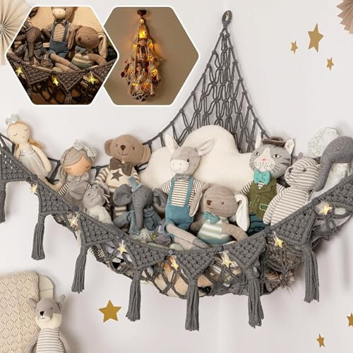 JanYoo Spielzeug Aufbewahrungs Kuscheltier,Großformat Aufbewahrung Netz Kinderzimmer Hängend Spielzeug Organizer Boho Makramee Stofftier Hängematte mit LED-Lichterkette für Kuscheltiere, Grau