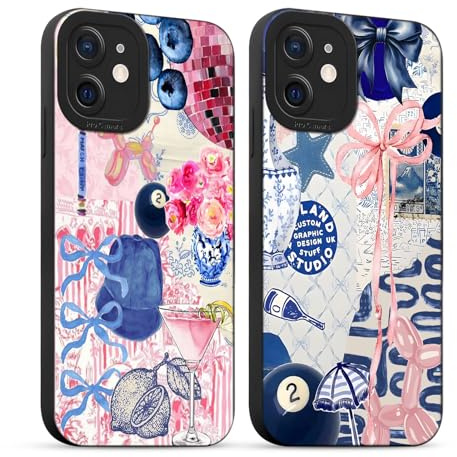 Yirlbey 2 Stück für iPhone 12 Hülle 6,1 Zoll Collage Sommer Handyhülle Aesthetic Summer Motiv Schleifen Muster Design, Weiche Bunt Silikon TPU Bumper Ultra Dünn Kameraschutz Schutzhülle Mädchen Case