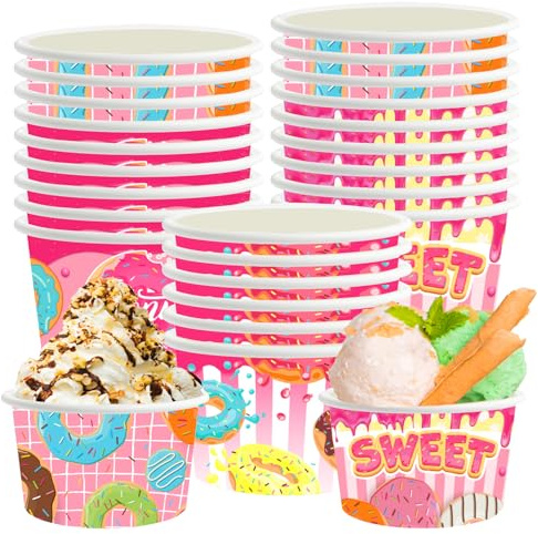 Toyhood Paper Ice Creams Cups, 24 Pcs Disposable Ice Creams Bowls 240ml Paper Dessert Bowls Papers Sundae Cup Treat Cup for Sundae, Ice Cream Cake, Frozen Yoghurt, Soup (Style-A)