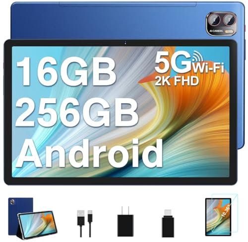 BIEGEDY Tablet 10.36 Pulgadas Octa-Core 2.0 GHz 16GB RAM + 256GB ROM + TF 1TB / 2000 x 1200 Pixels / 8600 mAh / 5MP + 13MP / 5G WiFi/Bluetooth 5.0, Tablet con Funda Azul