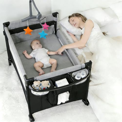 Magic ZC Multifunktional Baby Beistellbett, Convertible Faltbar Co-Sleeping Babybett, Ausgestattet Luxus Moskitonetz mit einem großen Lagerkorb und beweglichen Rädern (6602 Grey Without Net)