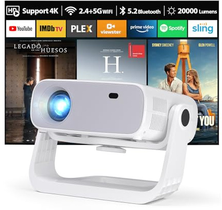 Nouveau projecteur intelligent 2025 avec WiFi 6 et applications intégrées Bluetooth - Mini projecteur portable pour chambre à coucher - Prise en charge native 1080p 4K - Keystone automatique et zoom
