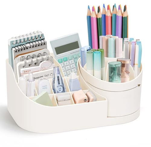 minimaliving stifte organizer,360° drehbarer stiftehalter schreibtisch,2-in-1 stifthalter mit 16 Fächern,nordischer stil schreibtisch organizer,rutschfeste aufbewahrung stifte für büro(Elfenbein)