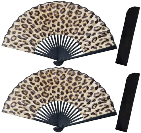 YciVhh Rave Fan Set, Folding Fan, 2 Leopard Print Paper Fan with 2 Protective Cases for Carnival Festivals, Parties and Outdoor Activities, Compact Design for Easy Storage, Summer Travel