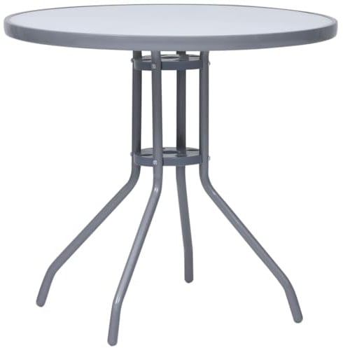 HETFTJN Table de jardin ronde - 80 cm - Table d'appoint moderne en acier et plateau en verre de 5 mm - Gris clair - Résistant aux intempéries et durable - Pour balcon, terrasse et jardin